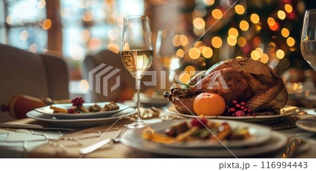 Traditional festive dinner with roasted turkey 116994443