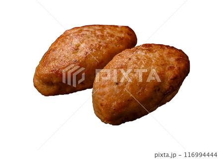 Delicious fresh fried minced fish cutlets with spices and herbs 116994444