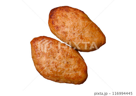 Delicious fresh fried minced fish cutlets with spices and herbs Delicious fresh fried minced fish cutlets with spices and herbs 116994445