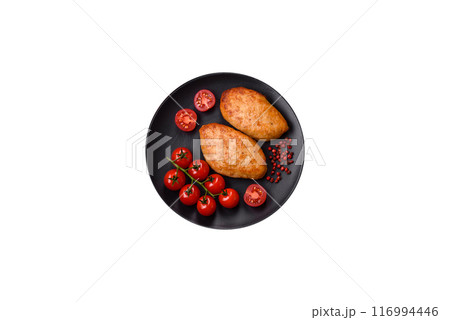 Delicious fresh fried minced fish cutlets with spices and herbs Delicious fresh fried minced fish cutlets with spices and herbs 116994446