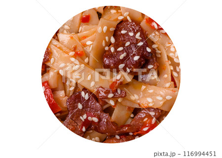 Delicious asian udon dish with vegetables, meat, salt and spices 116994451