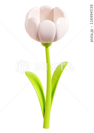 Daisy plastic flower with white petals, green stem and leaf. Cartoon icon 3d render illustration. Cute chamomile bubble bloom for spring and summer design. Glossy balloon blossom floral element. 116994539