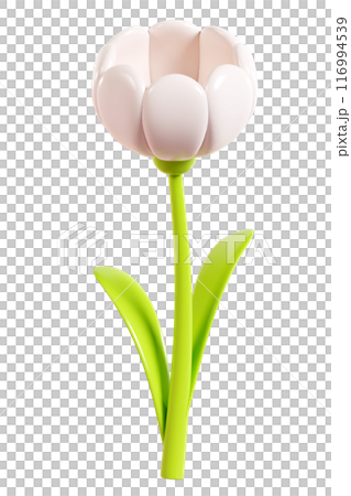 Daisy plastic flower with white petals, green stem and leaf. Cartoon icon 3d render illustration. Cute chamomile bubble bloom for spring and summer design. Glossy balloon blossom floral element. 116994539