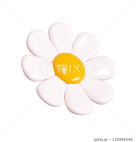 Daisy plastic flower cartoon icon 3d render illustration. Cute chamomile bubble bloom with white petals for spring and summer design. Abstract glossy balloon blossom . Garden floral element. Daisy plastic flower cartoon icon 3d render illustration. Cute chamomile bubble bloom with white petals for spring and summer design. Abstract glossy balloon blossom . Garden floral element. 116994540