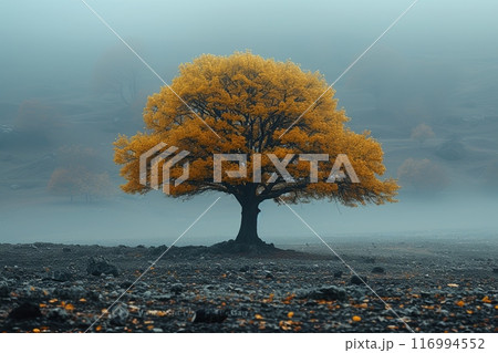 Big tree stands alone in a field of rocks and dirt. The sky is overcast and the tree is covered in yellow leaves Big tree stands alone in a field of rocks and dirt. The sky is overcast and the tree is covered in yellow leaves 116994552