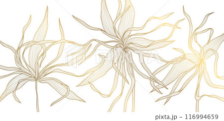 Vector gold on white line luxury flowers illustration. Wedding elegant wallpaper, nature print, botanical ornament 116994659