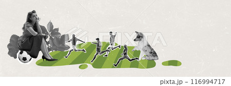 Contemporary art collage. Woman sits pensively on soccer ball, while dog watches group of tiny football players energetically playing nearby. 116994717