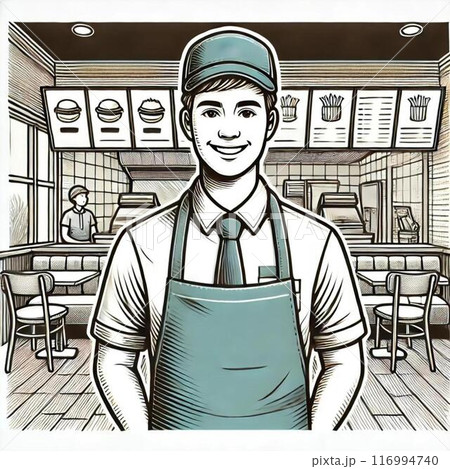 制服を着たハンバーガー屋の男性店員 制服を着たハンバーガー屋の男性店員 116994740