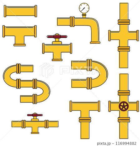 A set of industrial pipelines. Oil, water or gas pipeline with fittings and valves. Isolated vector illustration 116994882