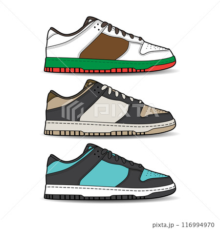 Sneakers shoe set collection with different color. Sneaker side view flat design concept. Vector icon logo illustration. 116994970