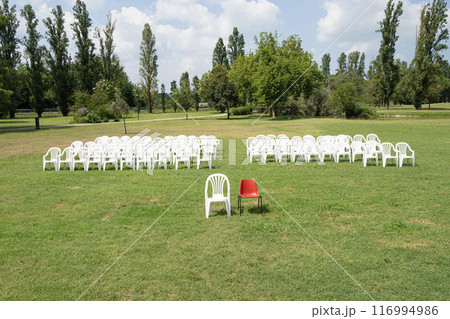 Red and white empty chairs Red and white empty chairs 116994986