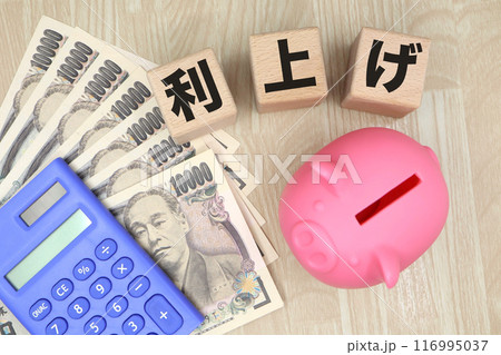 ピンクの豚の貯金箱と利上げの文字 116995037