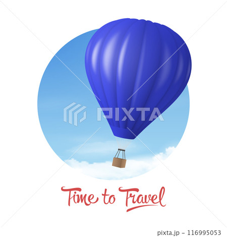 Time to Travel. Vector Banner with 3d Realistic Hot Air Balloon Icon on a Blue Sky Background, Isolated on White. Design Template for Branding. Summer Vacation, Travelling, Tourism and Journey Concept 116995053