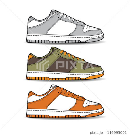 Sneakers shoe set collection with different color. Sneaker side view flat design concept. Vector icon logo illustration. 116995091