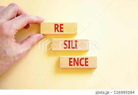 Resilience symbol. Concept word Resilience on beautiful wooden blocks. Businessman hand. Beautiful white background. Business resilience concept. Copy space. Resilience symbol. Concept word Resilience on beautiful wooden blocks. Businessman hand. Beautiful white background. Business resilience concept. Copy space. 116995094