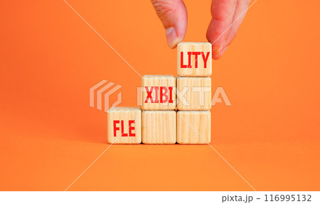Flexibility symbol. Concept word Flexibility on beautiful wooden blocks. Businessman hand. Beautiful orange background. Business flexibility concept. Copy space. Flexibility symbol. Concept word Flexibility on beautiful wooden blocks. Businessman hand. Beautiful orange background. Business flexibility concept. Copy space. 116995132