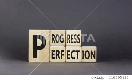 Progress or perfection symbol. Concept word Progress Perfection on beautiful wooden cubes. Beautiful black background. Business progress or perfection concept. Copy space. 116995135