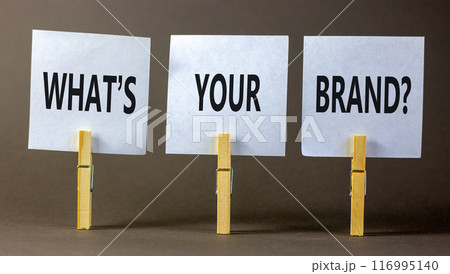 Branding and what is your brand symbol. Concept words What is your brand on beautiful white paper on clothespin. Beautiful grey background. Business branding and what is your brand concept. Copy space Branding and what is your brand symbol. Concept words What is your brand on beautiful white paper on clothespin. Beautiful grey background. Business branding and what is your brand concept. Copy space 116995140