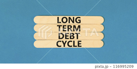 Long term debt cycle symbol. Concept words Long term debt cycle on wooden stick. Beautiful blue table blue background. Business Long term debt cycle concept. Copy space. 116995209