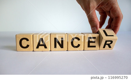 Symbol for stopping cancer. Hand turns a cube and changes the word 'cancer' to 'cancel'. Beautiful white background. Business concept. Copy space. Symbol for stopping cancer. Hand turns a cube and changes the word 'cancer' to 'cancel'. Beautiful white background. Business concept. Copy space. 116995270