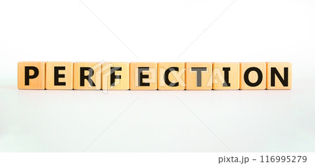 Perfection symbol. Concept word Perfection on beautiful wooden blocks. Beautiful white background. Business perfection concept. Copy space. Perfection symbol. Concept word Perfection on beautiful wooden blocks. Beautiful white background. Business perfection concept. Copy space. 116995279