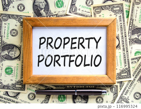 Property portfolio symbol. Concept words Property portfolio on beautiful wooden picture frame. Dollar bills. Beautiful dollar bills background. Business Property portfolio concept. Copy space. Property portfolio symbol. Concept words Property portfolio on beautiful wooden picture frame. Dollar bills. Beautiful dollar bills background. Business Property portfolio concept. Copy space. 116995324