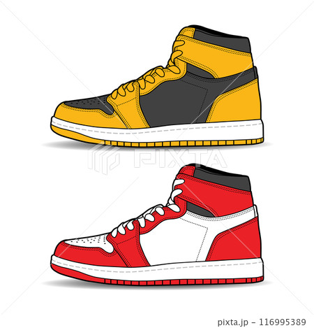 Sneakers shoe set collection with different color. Sneaker side view flat design concept. Vector icon logo illustration. Sneakers shoe set collection with different color. Sneaker side view flat design concept. Vector icon logo illustration. 116995389
