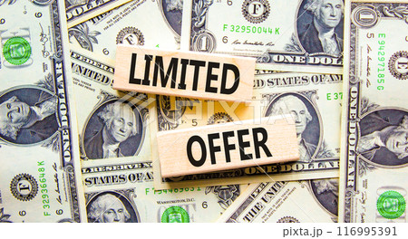 Limited offer symbol. Concept words Limited offer on beautiful wooden block. Beautiful background from dollar bills. Dollar bills. Business marketing, motivational Limited offer concept. Copy space. 116995391
