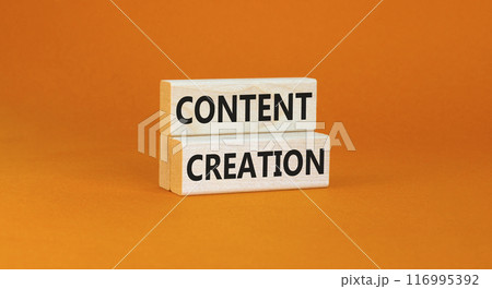 Time for content creation symbol. Concept words Content creation on beautiful wooden block. Beautiful orange table orange background. Business time for content creation concept. Copy space. Time for content creation symbol. Concept words Content creation on beautiful wooden block. Beautiful orange table orange background. Business time for content creation concept. Copy space. 116995392