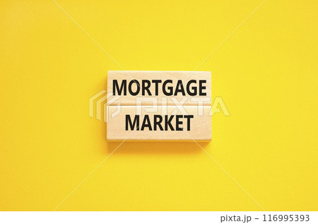 Mortgage market symbol. Concept words Mortgage market on beautiful wooden blocks. Beautiful yellow table yellow background. Business mortgage market concept. Copy space. 116995393