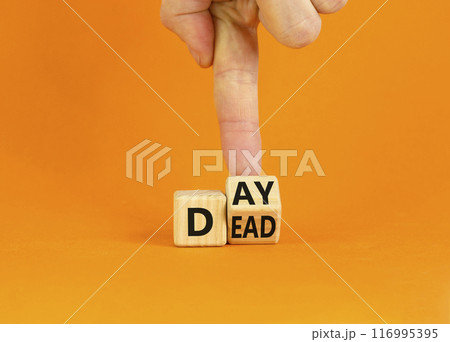 Day of the dead symbol. Businessman turns a wooden cube and changes the word 'Dead' to 'Day'. Beautiful orange table, orange background, copy space. Day of the dead concept. 116995395