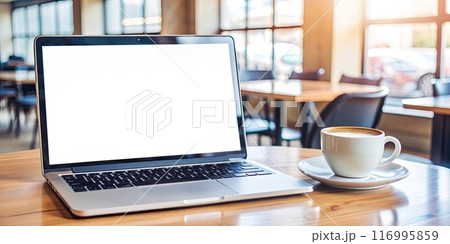 realistic mockup image of a laptop with a blank screen on a wooden table. Laptop Mockup: Blank Screen Display on Elegant Wooden Desk for Design Presentations 116995859