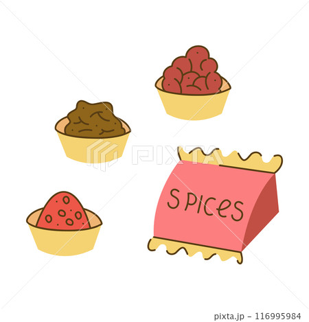 Various spices in bowls and packages. Vector hand drawn illustration. 116995984