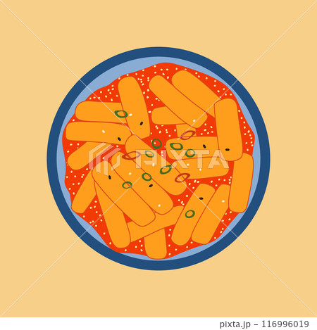 Korean tteokbokki dish vector illustration. Popular delicious South Korean spicy street food with rice cakes in red broth. Traditional asian cuisine meal on colored background, modern style drawing 116996019