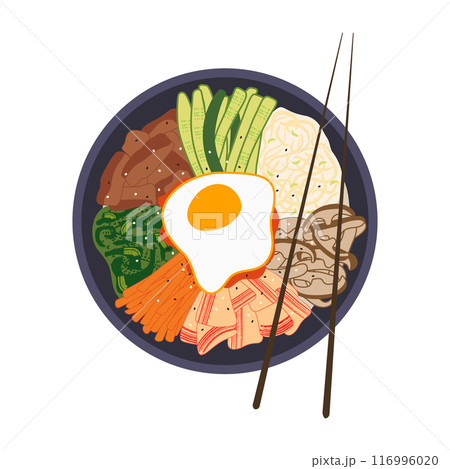 Korean bibimbap vector illustration. Delicious traditional asian rice dish with vegetables, meat and egg on top served in bowl with chopsticks isolated on white background. Popular South Korean meal 116996020