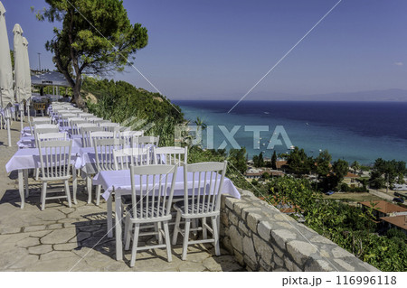 Greece, Afytos, View of Afytos with its shops, restaurants and terraces 116996118