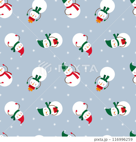 Seamless pattern with funny snowmen on blue background simple cartoon style. Vector illustration for Christmas and New Year holidays. 116996259