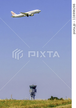 Belgium, Zaventem, Brussels Airlines plane above the control tower after takeoff from Brussels Airport 116996266