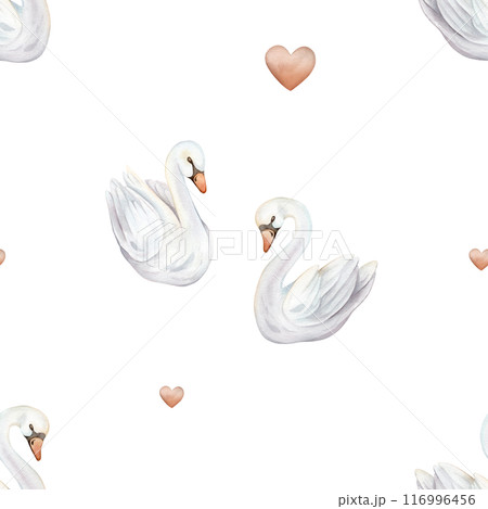 Watercolor seamless pattern with couple of cute swans in love. Hand painted illustration isolated on white background. For textile of white pastel colors bird and red hearts. 116996456
