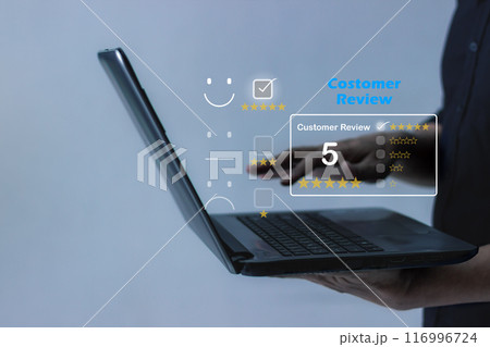 Customer Review, Young Man hand uses laptop to review and give 5 stars with very good results in service, Good review 5 star rating choice feedback 116996724