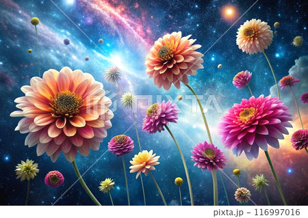 Futuristic flower colorful heads in the starry space sky 116997016