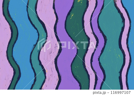 油絵のカラフル抽象背景。紫と青緑とピンクのくねくねした曲線のストライプ 116997107