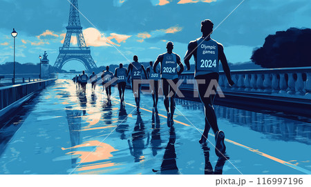 Runners Participate in Olympic Games Event Near Eiffel Tower in Paris, France, During Summer of 2024 116997196