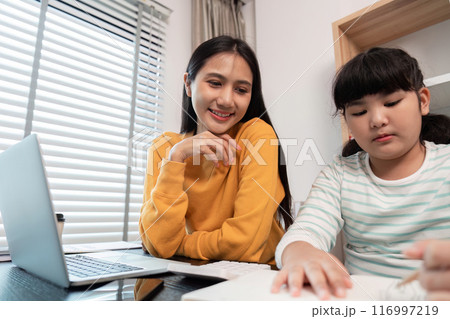 Mother and Child Working from Home Together on a Laptop and Homework in a Modern Home Office Setting 116997219