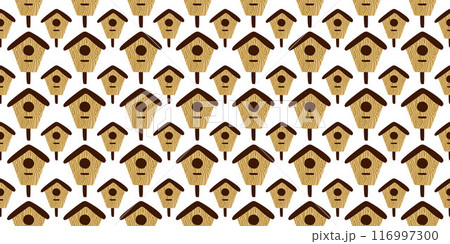 Wooden Cartoon Birdhouses Seamless pattern. Vector Flat Illustration for Decoration, Background, Template, Wallpaper, Wrapping Paper, Cover. Nest and birdwatching, Spring Backdrop 116997300