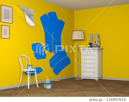 image captures a room with newly painted bright walls, 116997658