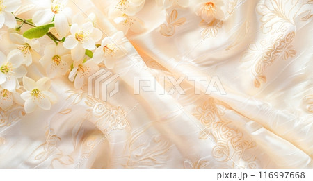 Cascading onto an ivory silk fabric with delicate floral embroidery, a cluster of pristine white blossoms exudes elegance and grace, inviting a sense of serenity and romance. Cascading onto an ivory silk fabric with delicate floral embroidery, a cluster of pristine white blossoms exudes elegance and grace, inviting a sense of serenity and romance. 116997668
