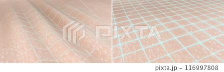 Skin surface before and after wrinkle reduction. 3D render illustrated depicting the effects of anti-aging collagen-boosting cosmetic products, anti-wrinkle treatments, hyaluronic acid injection 116997808