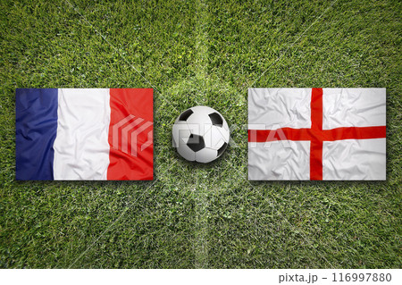 France vs. England flags on soccer field 116997880