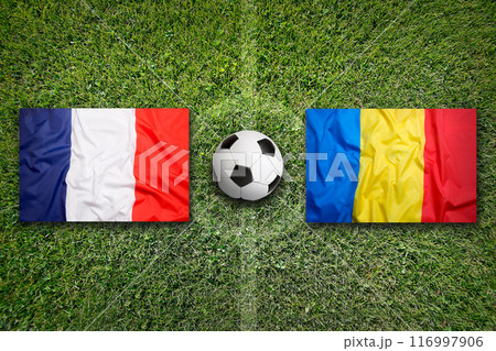 France vs. Romania flags on soccer field 116997906